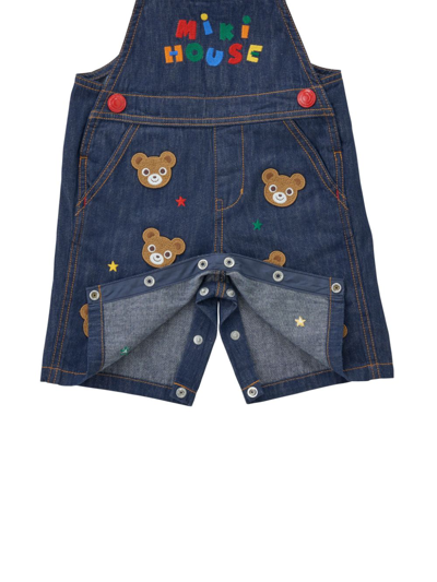 Shop Miki House Bear-embroidered Cotton Overalls In Blue