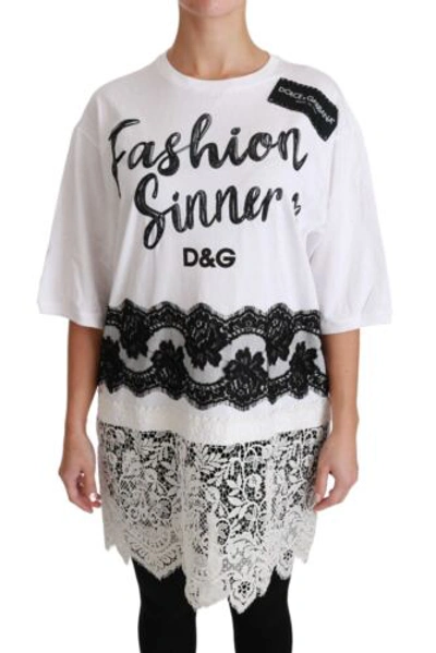 Pre-owned Dolce & Gabbana Dolce&gabbana Women White Black Blouse Cotton Blend Floral Lace Oversize Tunic