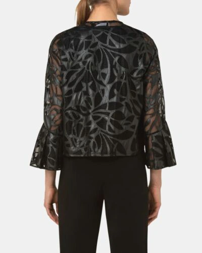 Pre-owned Akris $4990  Punto Women's Black Flutter Sleeve Mesh & Faux Leather Jacket Size 4