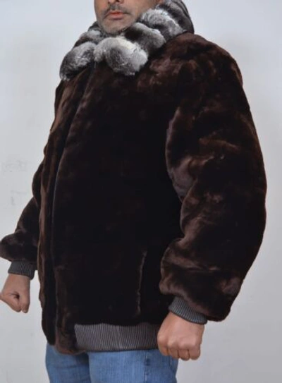 Pre-owned Handmade Black Brown Real Mouton Sheared Beaver Fur Jacket Chinchilla Fur Collar Allsize