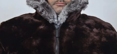 Pre-owned Handmade Black Brown Real Mouton Sheared Beaver Fur Jacket Chinchilla Fur Collar Allsize