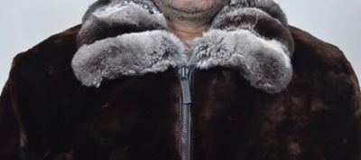 Pre-owned Handmade Black Brown Real Mouton Sheared Beaver Fur Jacket Chinchilla Fur Collar Allsize
