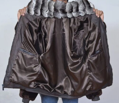 Pre-owned Handmade Black Brown Real Mouton Sheared Beaver Fur Jacket Chinchilla Fur Collar Allsize