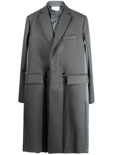 Shop Sacai Drawstring Wool Trench Coat In Grey