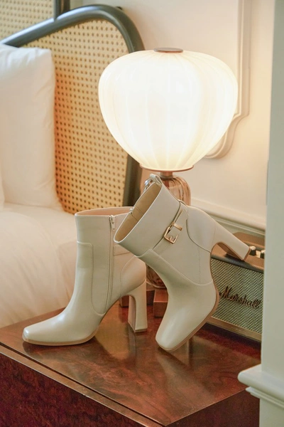 Shop Lulus Audreyy Bone Square Toe Buckle High Heel Ankle Boots In White