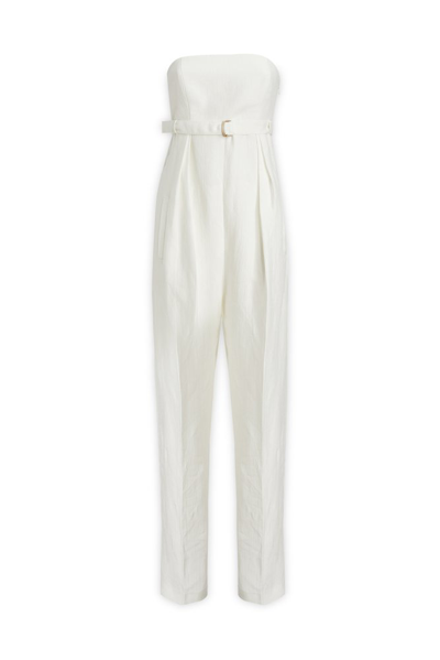 Shop Alberta Ferretti Belted Strapless Pleated Jumpsuit In White