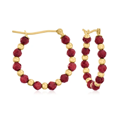Ross-simons Ruby Bead Hoop Earrings In 14kt Yellow Gold In Red