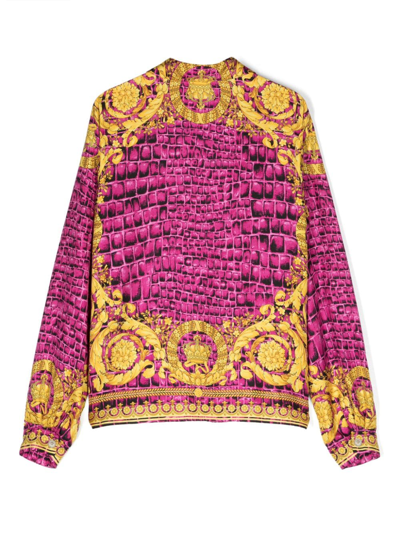 Shop Versace Barocco Kids Print Silk Shirt In 粉色