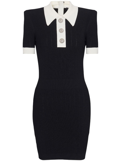 Shop Balmain Ribbed-knit Polo Minidress In 黑色