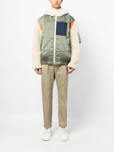 Shop Sacai Colour-block Zip-up Hooded Jacket In Green