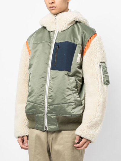 Shop Sacai Colour-block Zip-up Hooded Jacket In Green
