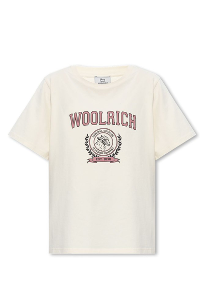Shop Woolrich Logo Printed Crewneck T In Beige
