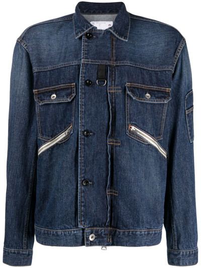 Shop Sacai Straight-point Collar Cotton Jacket In Blau