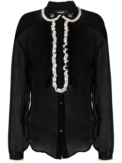 Shop Dsquared2 Ruffled Sheer Silk Blouse In Black