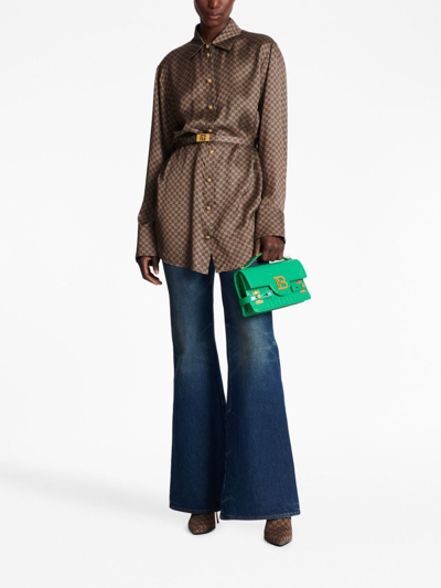 Balmain Silk Shirt With A Mini Monogram Print In Braun