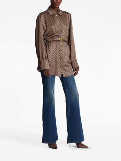 Balmain Silk Shirt With A Mini Monogram Print In Braun