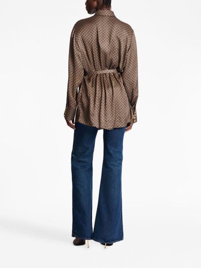 Balmain Silk Shirt With A Mini Monogram Print In Braun