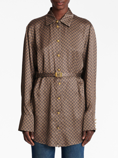 Balmain Silk Shirt With A Mini Monogram Print In Braun