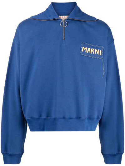 Shop Marni Logo-patch Zipped Sweatshirt In Blau