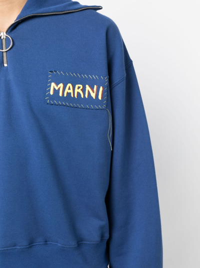 Shop Marni Logo-patch Zipped Sweatshirt In Blau