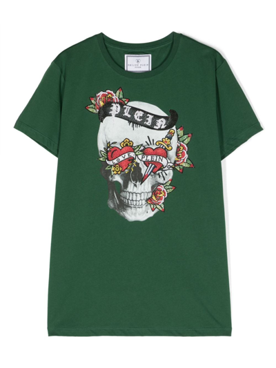 Shop Philipp Plein Junior Rhinestone-embellished Cotton T-shirt In Green