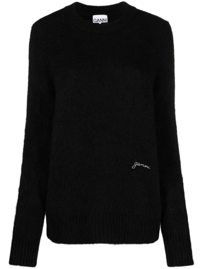 Shop Ganni Crew-neck Alpaca Wool-blend Jumper In Black