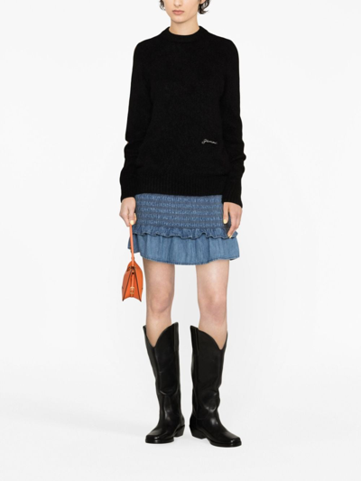 Ganni Logo-embroidered Crew-neck Jumper In Black
