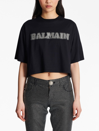 Shop Balmain Rhinestone-logo Cropped Cotton T-shirt In Black