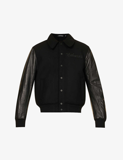 Shop Nahmias Mens Black Miracle Academy Brand-appliqué Boxy-fit Wool Varsity Jacket