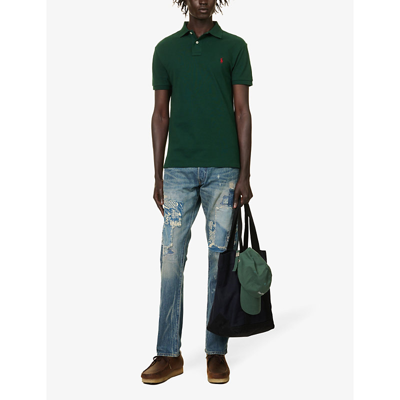 Shop Polo Ralph Lauren Short-sleeved Logo-embroidered Slim-fit Cotton-piqué Polo Shirt In College Green