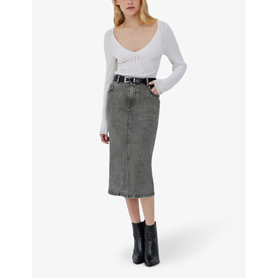 Shop Ikks Women's Grey Split-hem Faded-wash Stretch-denim Midi Skirt