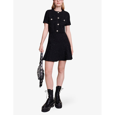 Shop Maje Womens Noir / Gris Rateau Ruffled-skirt Tweed Cotton-blend Mini Dress In Black