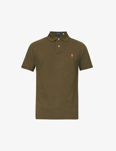 Shop Polo Ralph Lauren Mens Defender Green Short-sleeved Logo-embroidered Slim-fit Cotton-piqué Polo Shir