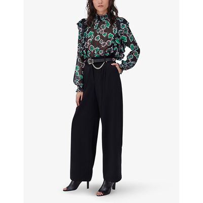 Shop Ikks Floral-print Ruffled Woven Blouse In Black