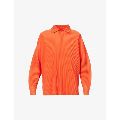 Shop Issey Miyake Homme Plisse  Mens Powerful Orange Pleated Relaxed-fit Knitted Polo Shirt