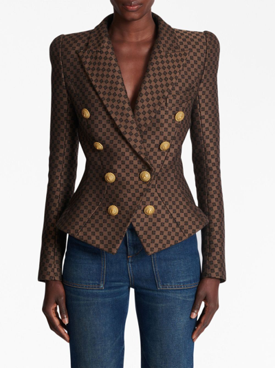 Shop Balmain Monogram-jacquard Double-breasted Blazer In Brown