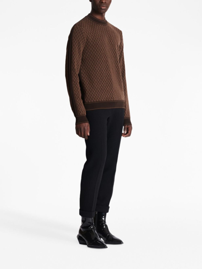 Shop Balmain Intarsia-knit Long-sleeve Jumper In Brown
