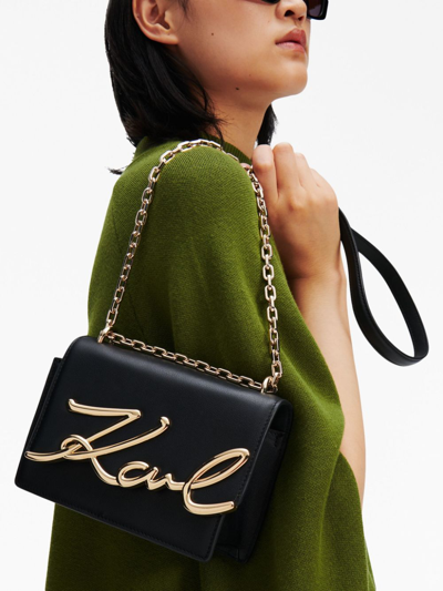 Shop Karl Lagerfeld Signature Leather Shoulder Bag In Black