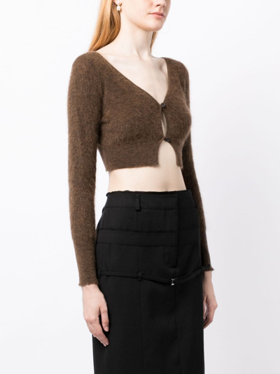 Shop Jacquemus Cropped Knitted Cardigan In Brown