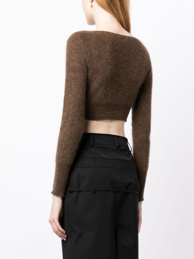 Shop Jacquemus Cropped Knitted Cardigan In Brown