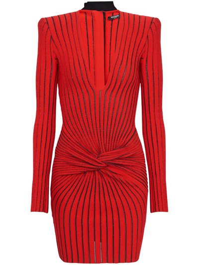 Shop Balmain Ribbed-knit Long-sleeve Dress In Red