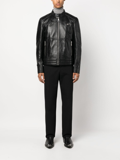 Philipp Plein Padded Leather Biket Jacket In Black