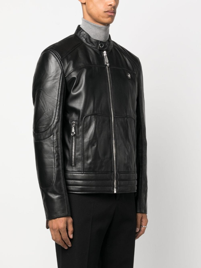 Philipp Plein Padded Leather Biket Jacket In Black