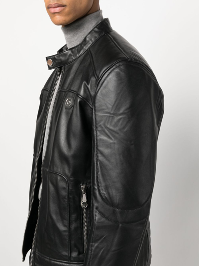 Philipp Plein Padded Leather Biket Jacket In Black