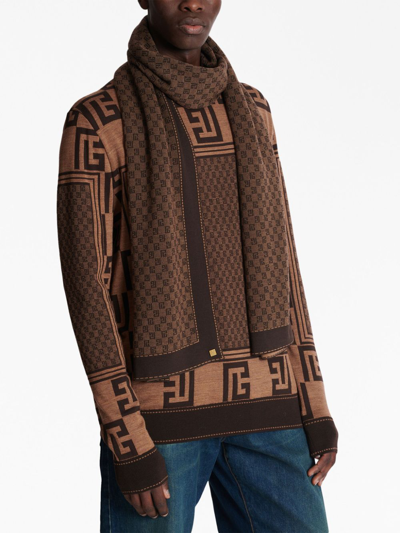 Balmain Monogram-pattern Fine-knit Scarf In Brown