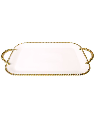 Alice Pazkus 19in Gold White Porcelain Beaded Tray In White