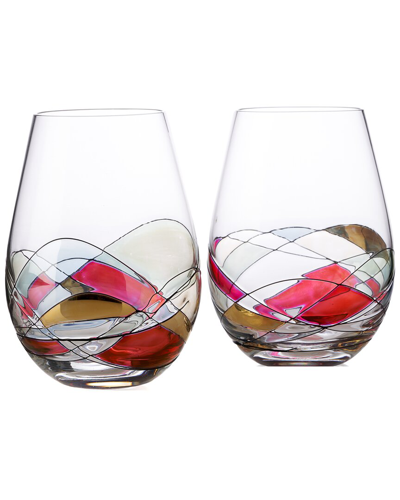 Alice Pazkus Set Of 2 Handpainted Stemless Wine Glasses