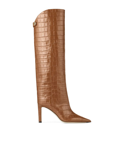 Shop Jimmy Choo Alizze 85 Croc-embossed Knee-high Boots In Brown