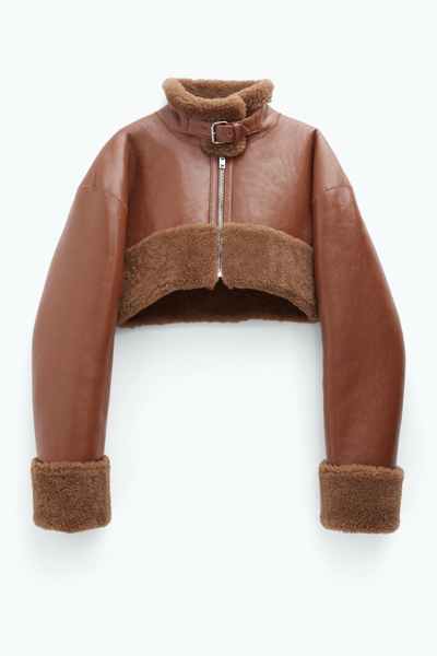Shop Filippa K Cropped Shearling Jacket In Brown