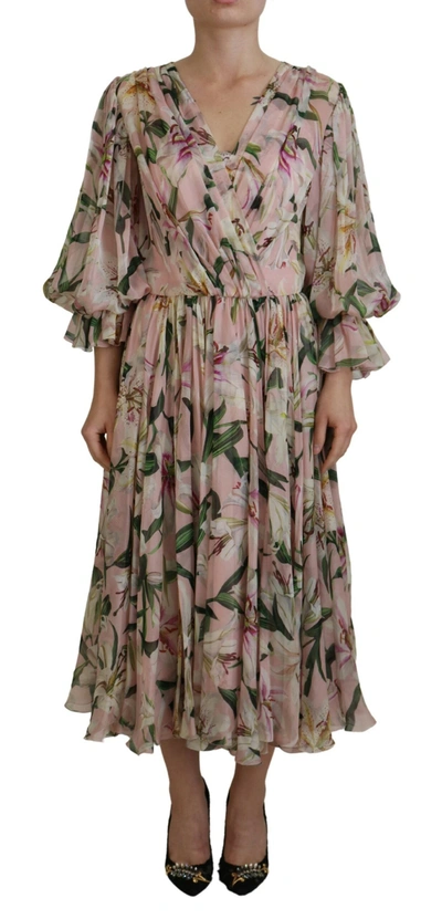 Shop Dolce & Gabbana Pink Lily Print Silk A-line Pleated Maxi Women's Dress